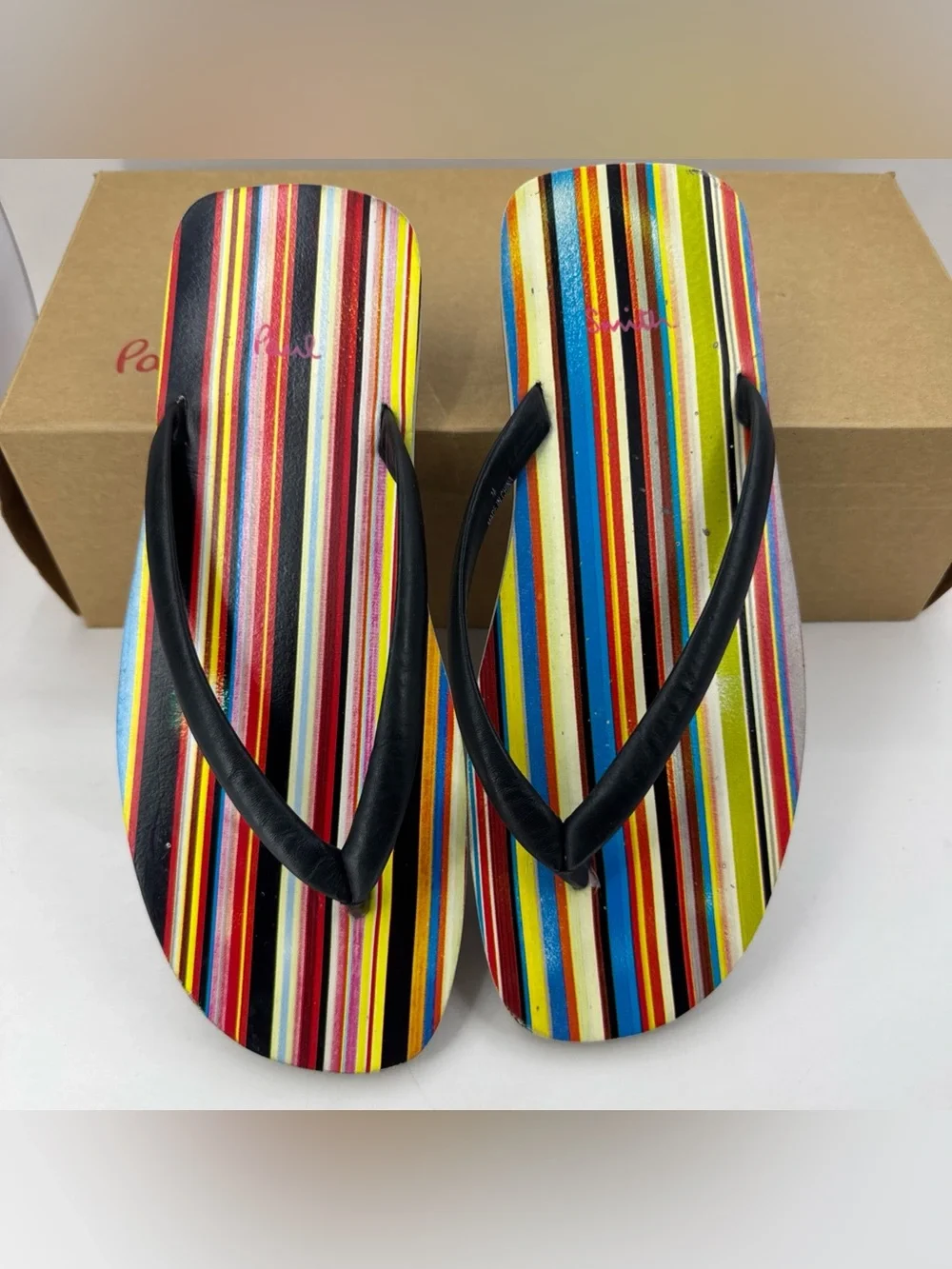 VTG Paul Smith Slip-on Sandals Striped Black Leather Strap Flip Flop Men M US 10